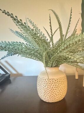 Decorative Sage Green Faux Fern Arrangement in Textured Cream Vase 13” x 5”